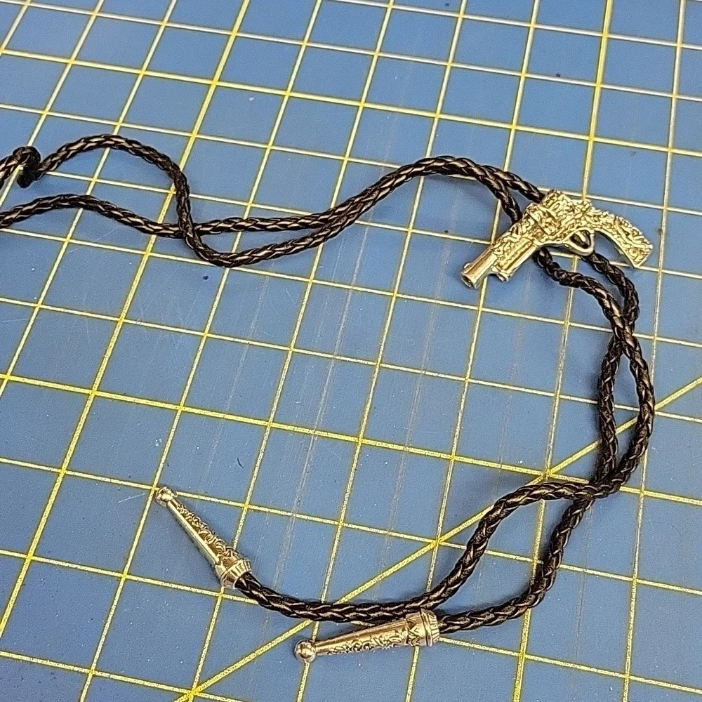 Bolo Gun Pistol Silver Tone Black Braided Pleather Western